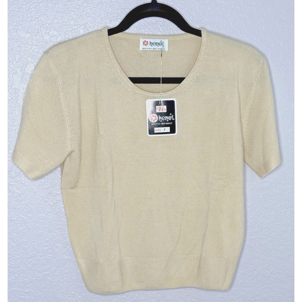 Henoi Womens Beige Short Sleeve Scoop Neck Soft Knit Sweater Top Size F- S/M NEW